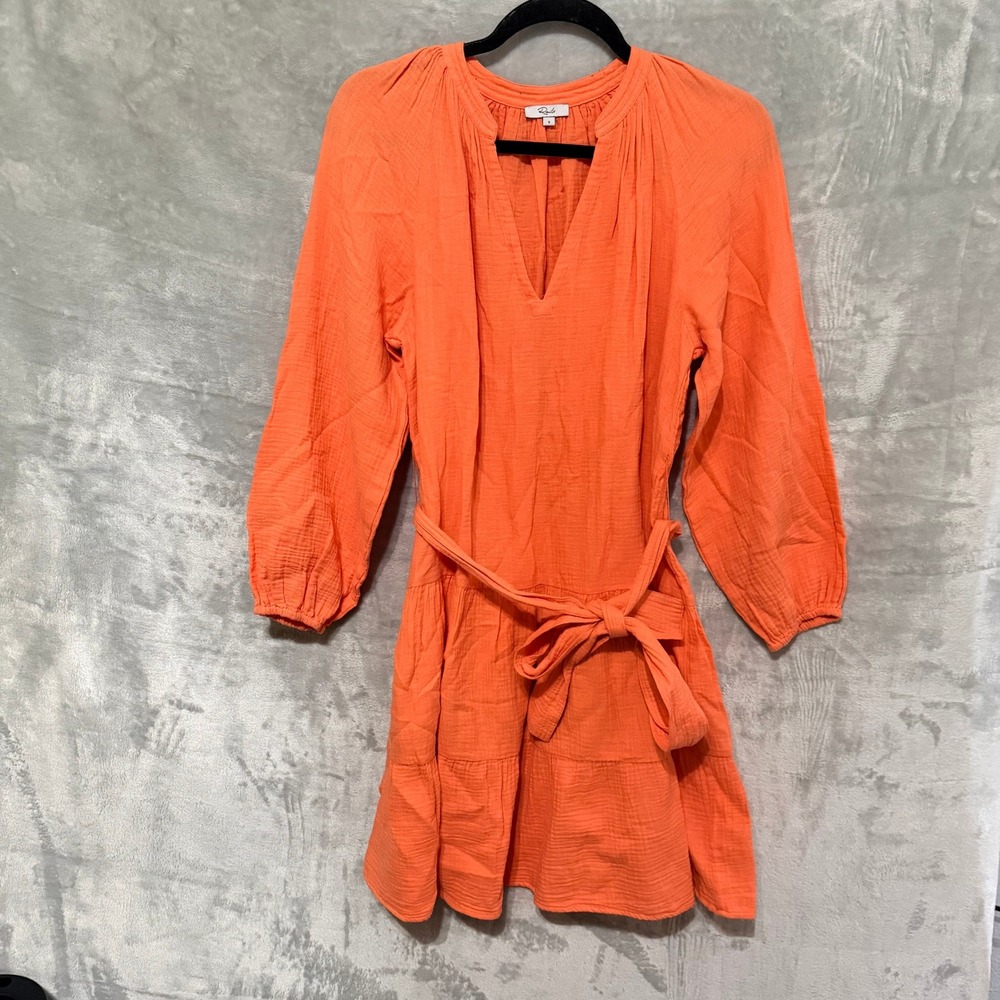 Rails Noelle Dress Women Small Orange Gauze Organic Cotton Tiered Mini Belted - Picture 2 of 13